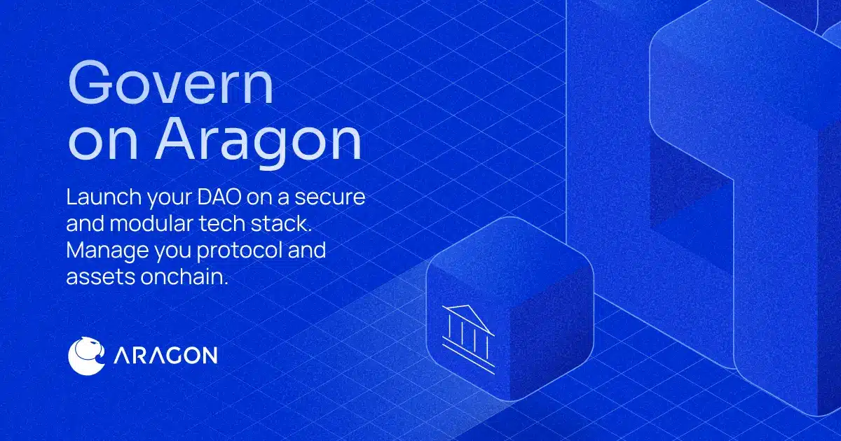 Aragon DAO promotional graphic with blue isometric grid, company logo, and governance text