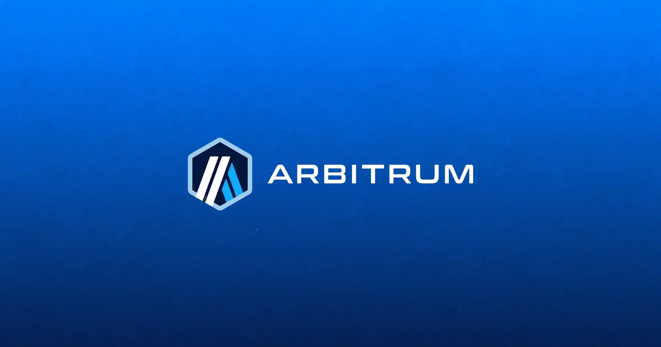 Arbitrum logo featuring a blue and white stylized 'A' inside a hexagon on a blue gradient background