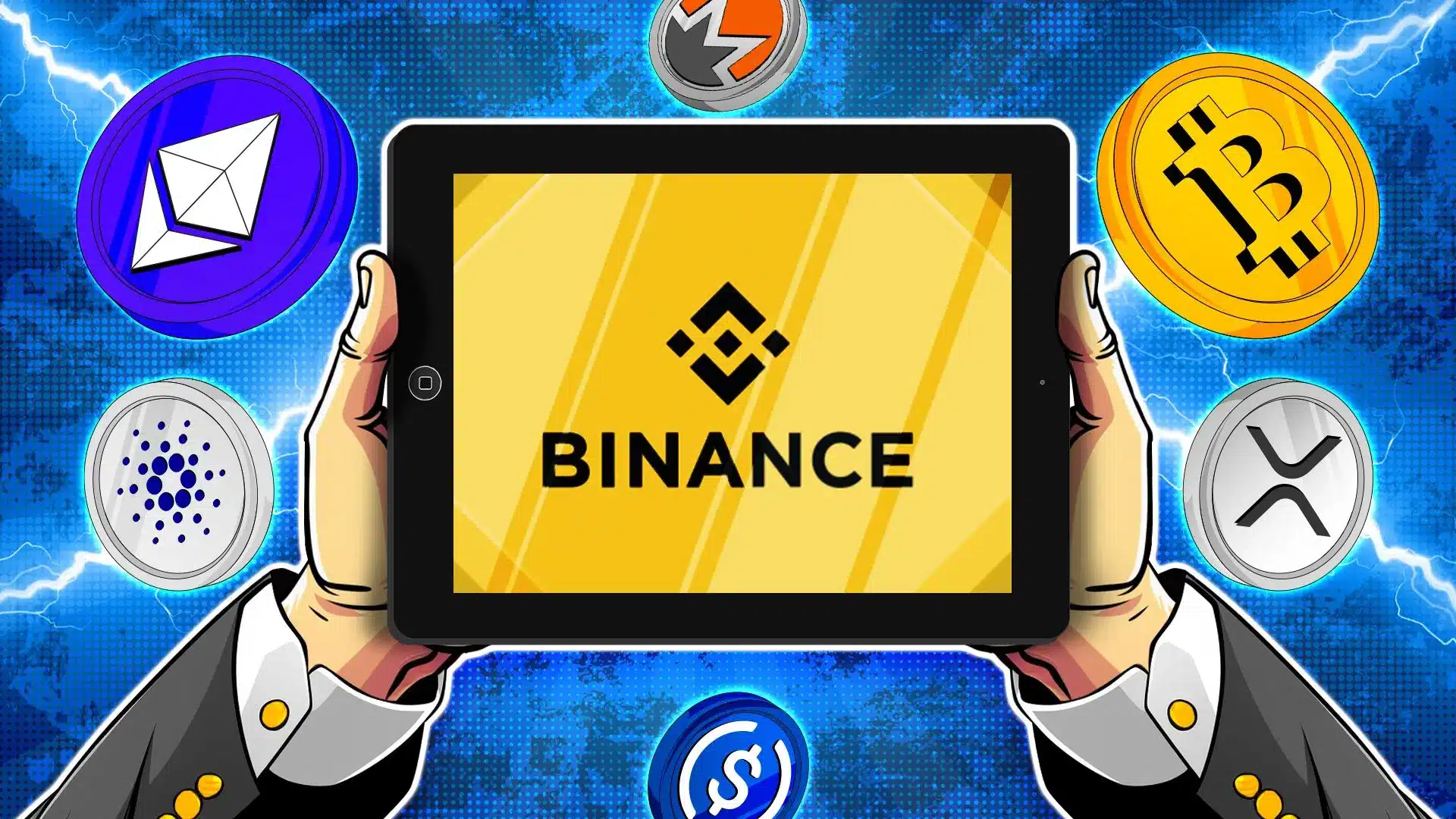 Illustration of a person holding a tablet displaying the Binance logo, surrounded by various cryptocurrency coins.