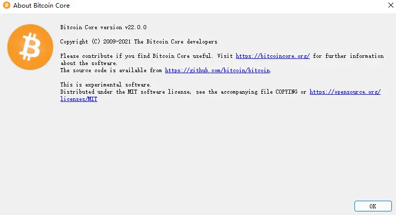 Screenshot of the About Bitcoin Core window showing version v22.0.0 and the GitHub source code link.