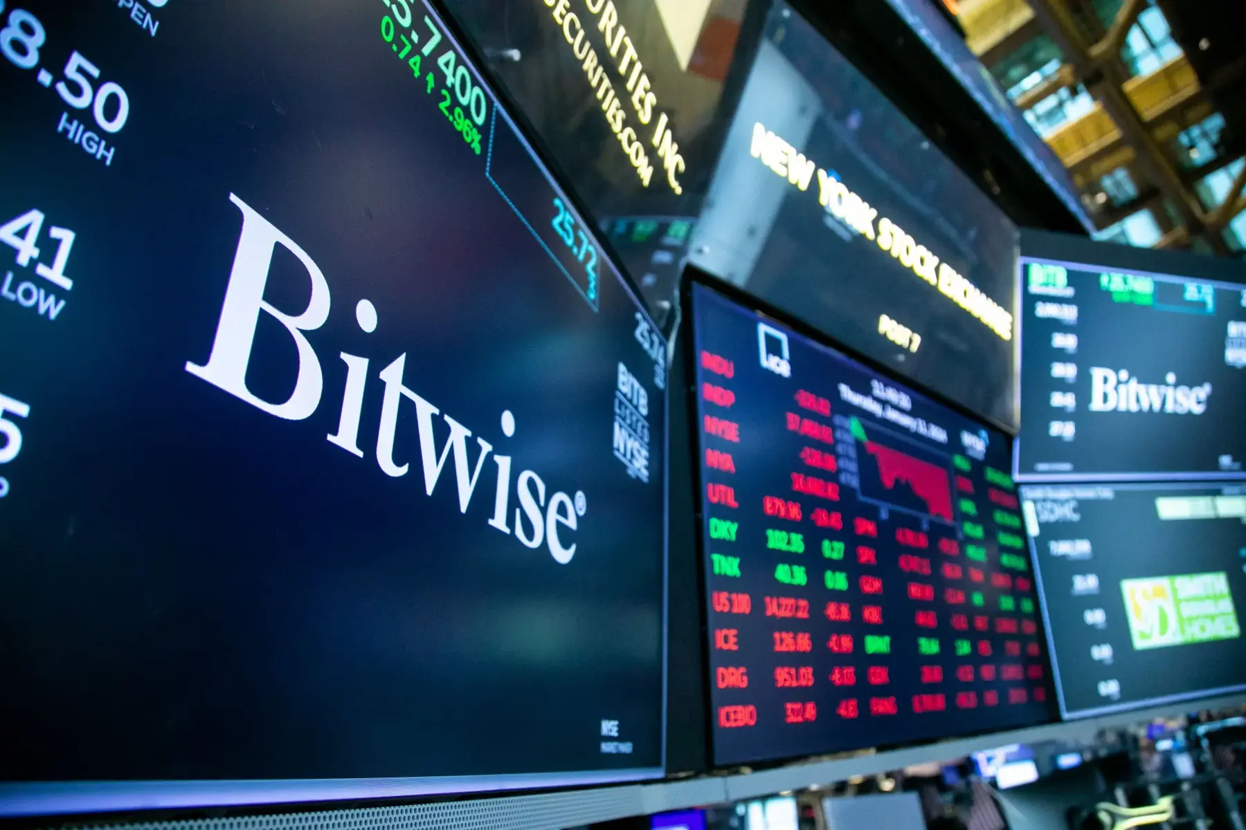 Bitwise logo on a digital display at the New York Stock Exchange among stock tickers