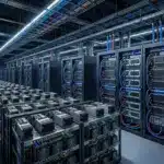 Data center racks show Bitcoin mining hardware transitioning into high-performance AI infrastructure.