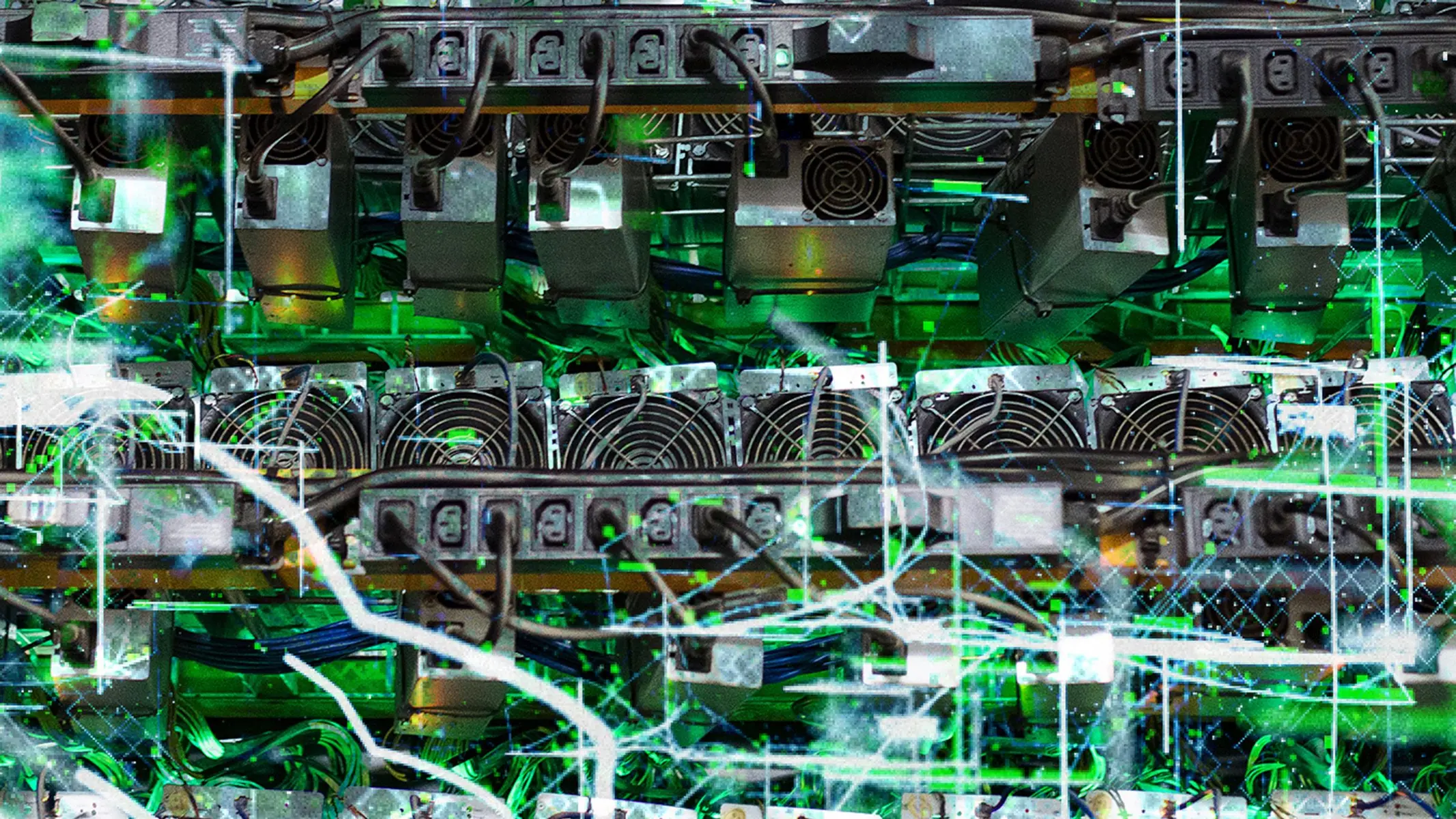 Rows of ASIC crypto mining hardware with cooling fans and complex wiring with a green digital overlay