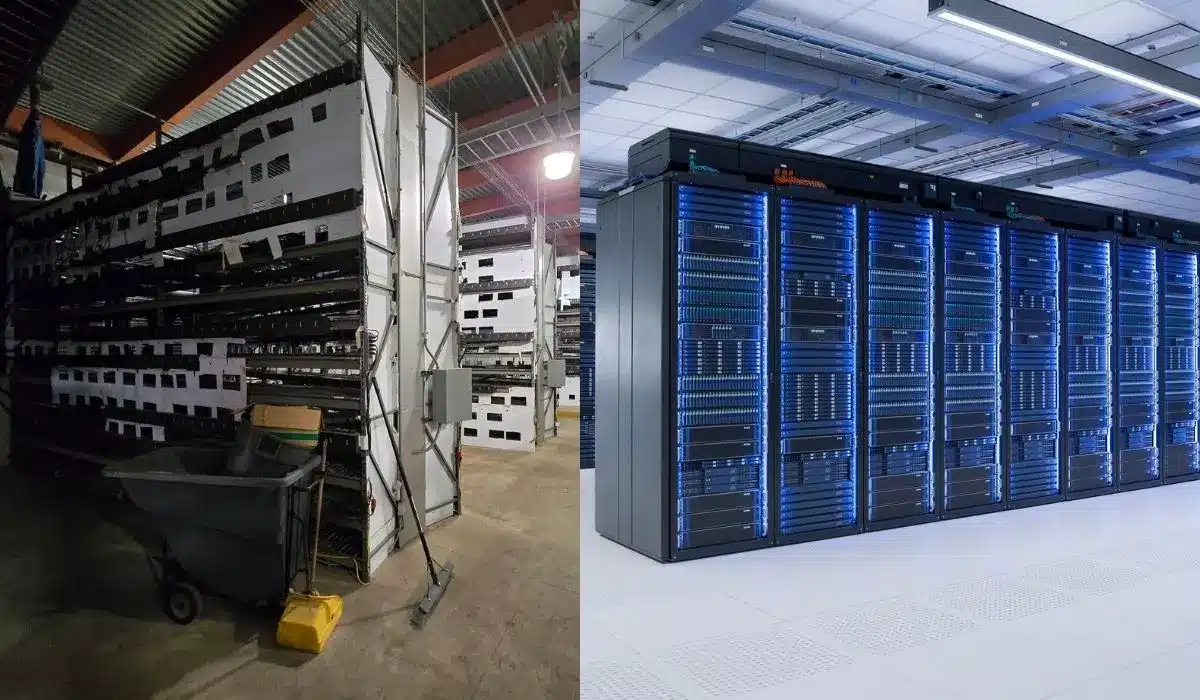 Side-by-side comparison of a gritty, industrial crypto mining farm and a clean, modern blue-lit data center.