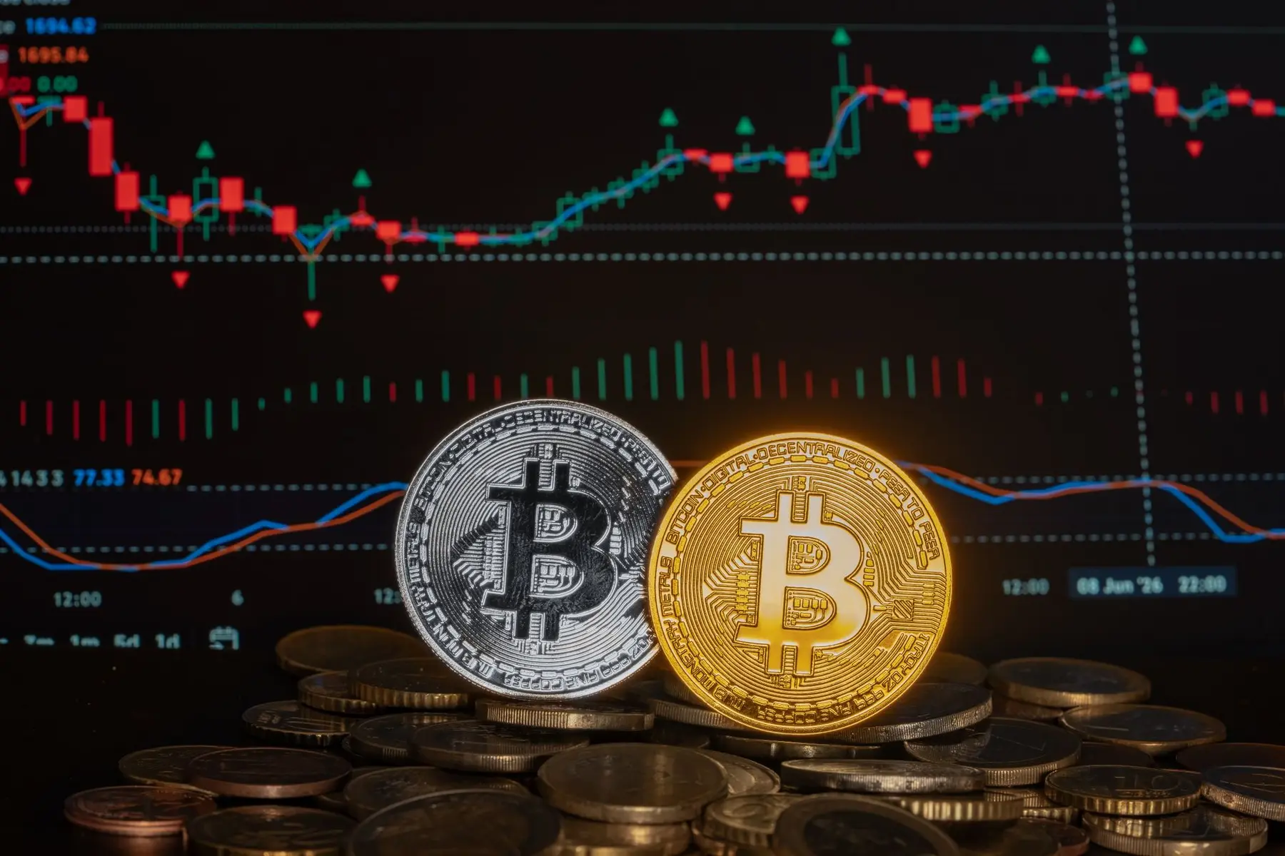 Gold and silver Bitcoin tokens resting on a pile of coins against a background of a bullish candlestick price chart