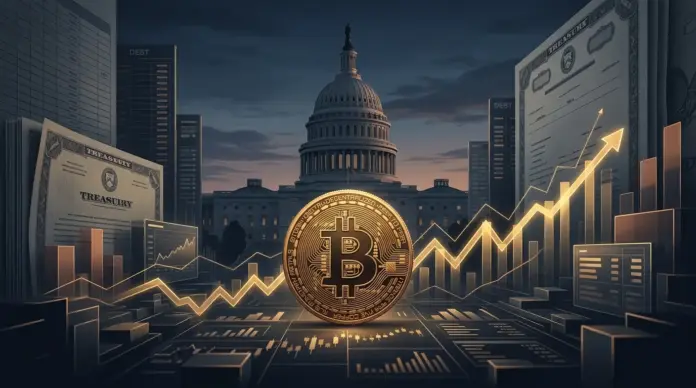 bitcoin-rallye-schulden-etfs-politik Bitcoin coin rising above financial markets with the US Capitol in the background