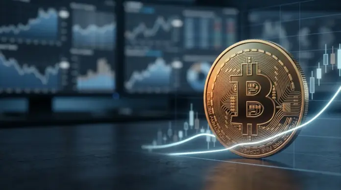 bitcoin-steigt-ueber-73000-dollar Bitcoin coin above an upward market line, symbolizing a move over the 200-day average