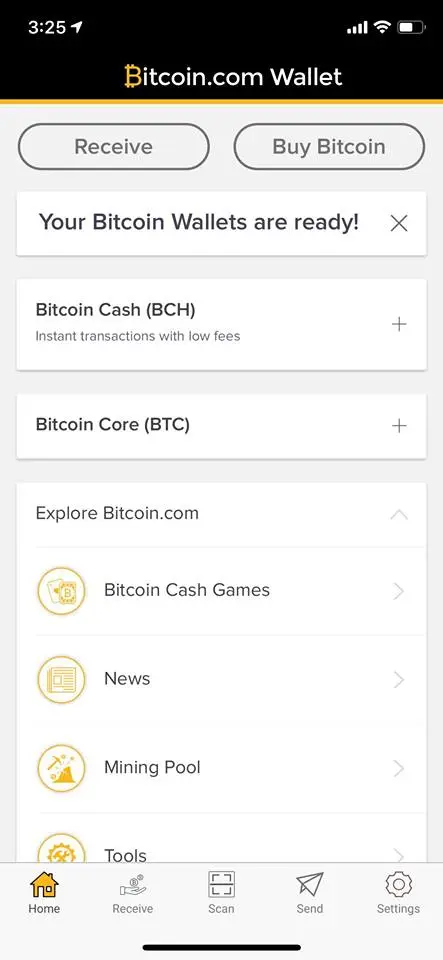 Screenshot of the Bitcoin.com Wallet app home screen showing BCH and BTC wallet balances.