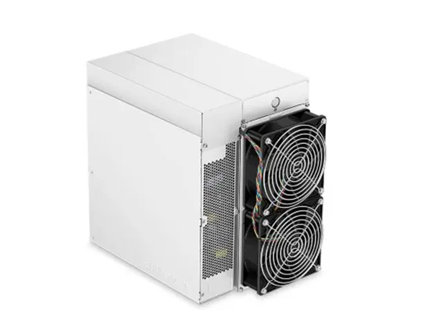 A Bitmain Antminer ASIC cryptocurrency miner with dual cooling fans and a silver metal chassis.