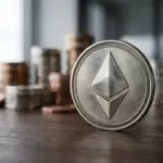 Ethereum coin with stacked cryptocurrency in background representing institutional holdings