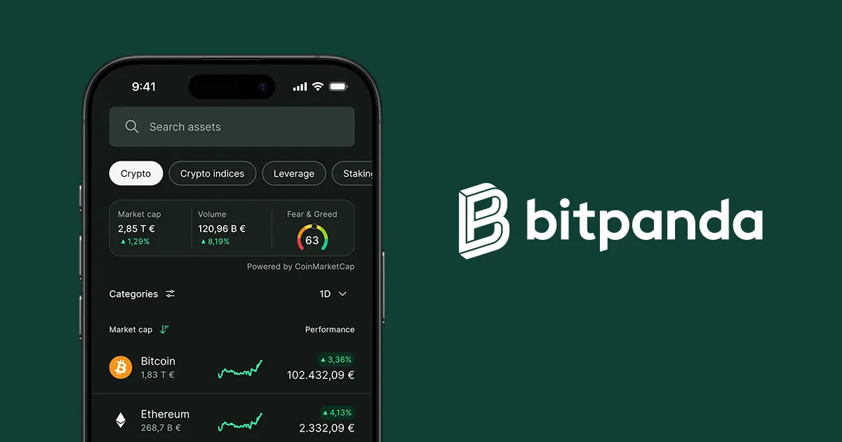 Bitpanda mobile app interface displaying crypto assets like Bitcoin and Ethereum on a dark green background.