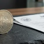 BlackRock beantragt In-kind-Handel für ETHA – plus Reverse-Split ab Oktober Ethereum coin with SEC regulatory documents representing BlackRock ETF filing