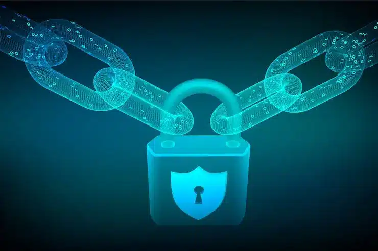 A glowing blue digital padlock securing a translucent blockchain made of binary code