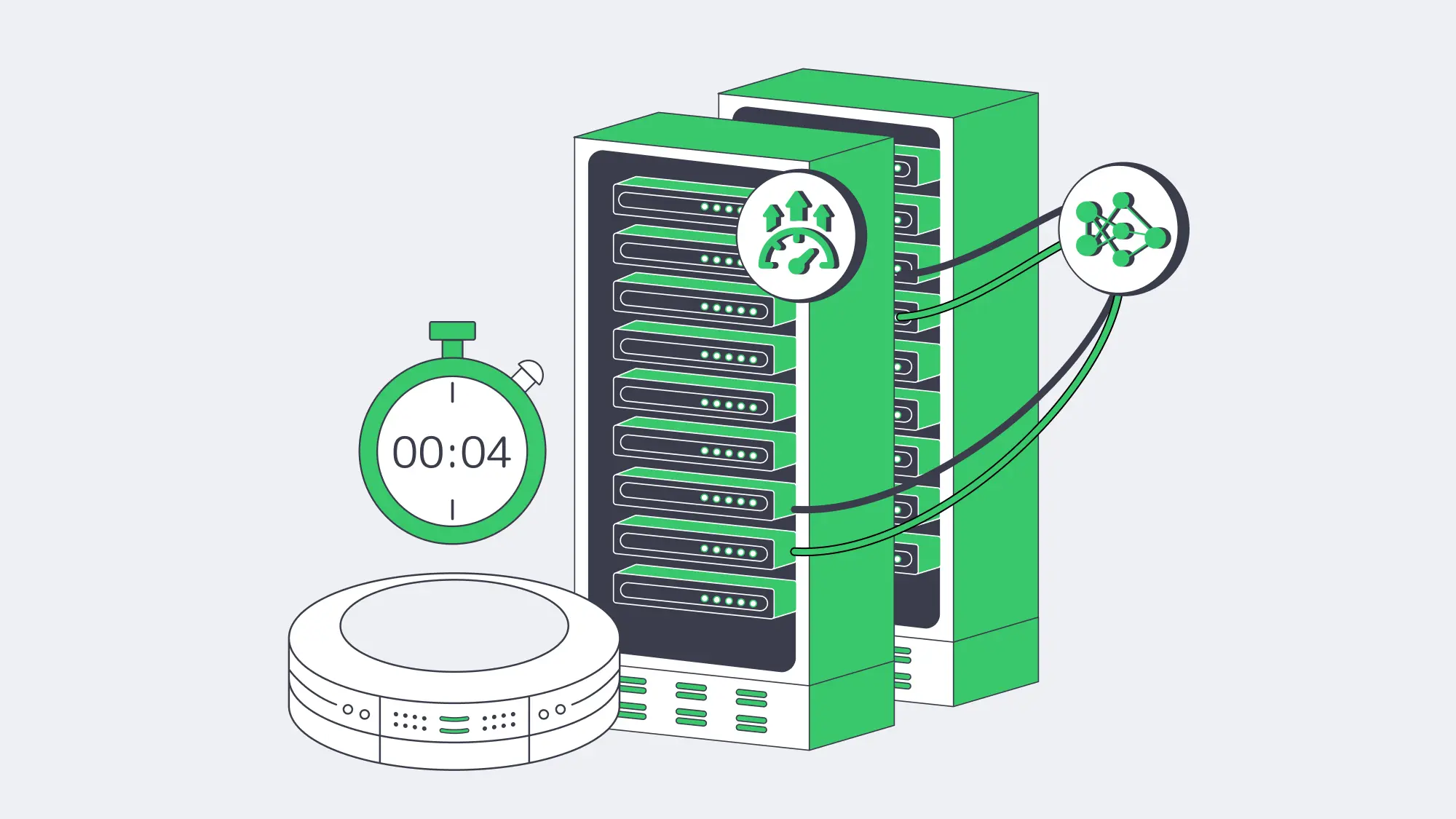 Isometric illustration of green server racks connected to a blockchain node icon and a stopwatch timer.