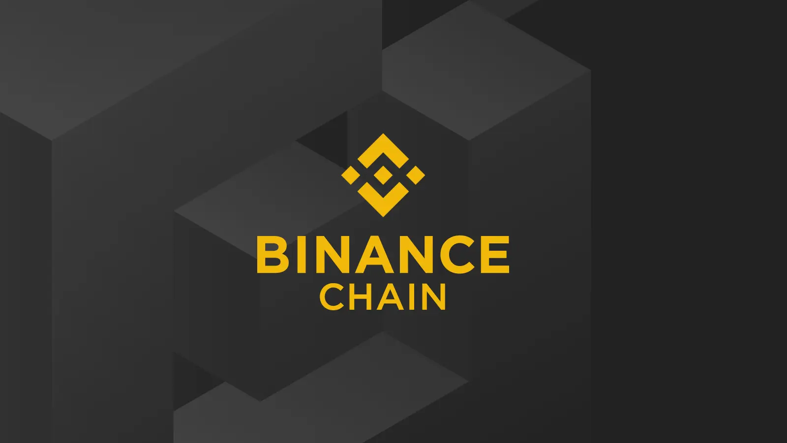 Yellow Binance Chain logo and text centered on a dark grey background with 3D geometric cube patterns.