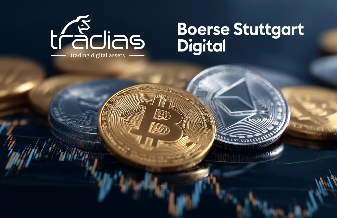 Bitcoin and Ethereum coins on a trading chart with Tradias and Boerse Stuttgart Digital logos