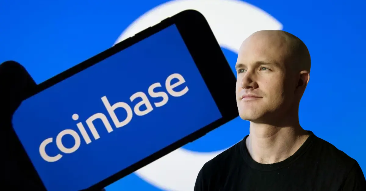 Coinbase CEO Brian Armstrong standing next to a smartphone displaying the Coinbase logo
