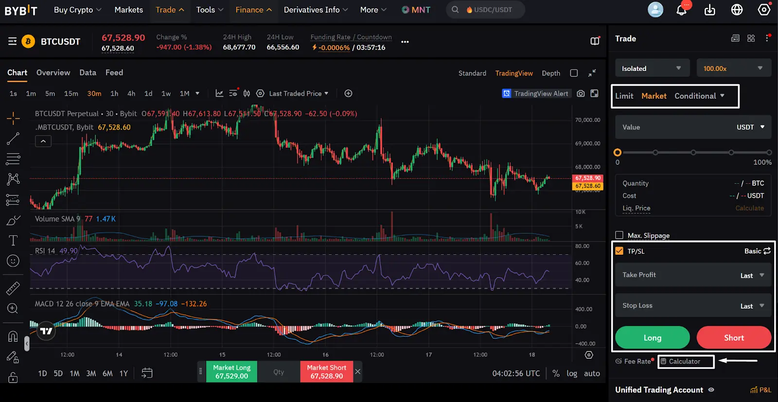 Bybit cryptocurrency trading interface showing a BTCUSDT candlestick chart with technical indicators