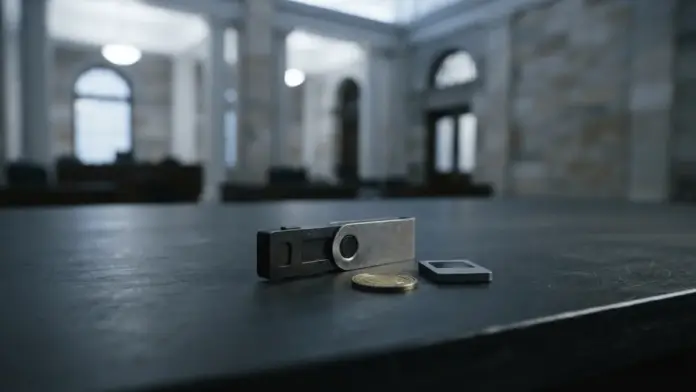 bybit-sichert-gestohlene-krypto-assets Krypto-Hardware-Wallet und gesicherte Vermögenswerte vor einem dezent beleuchteten Gerichtsgebäude