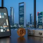 Smartphone and Bitcoin beside secure crypto custody hardware with Abu Dhabi skyline in the background