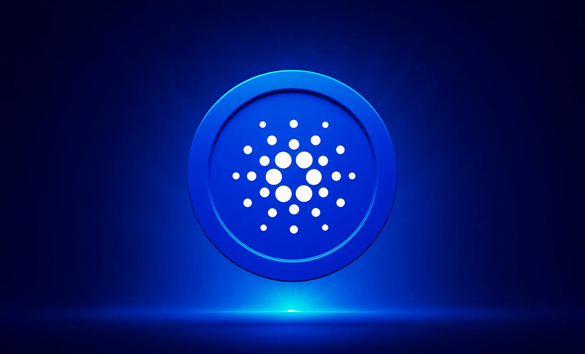 A 3D blue circular coin featuring the white Cardano ADA blockchain logo on a dark blue background.