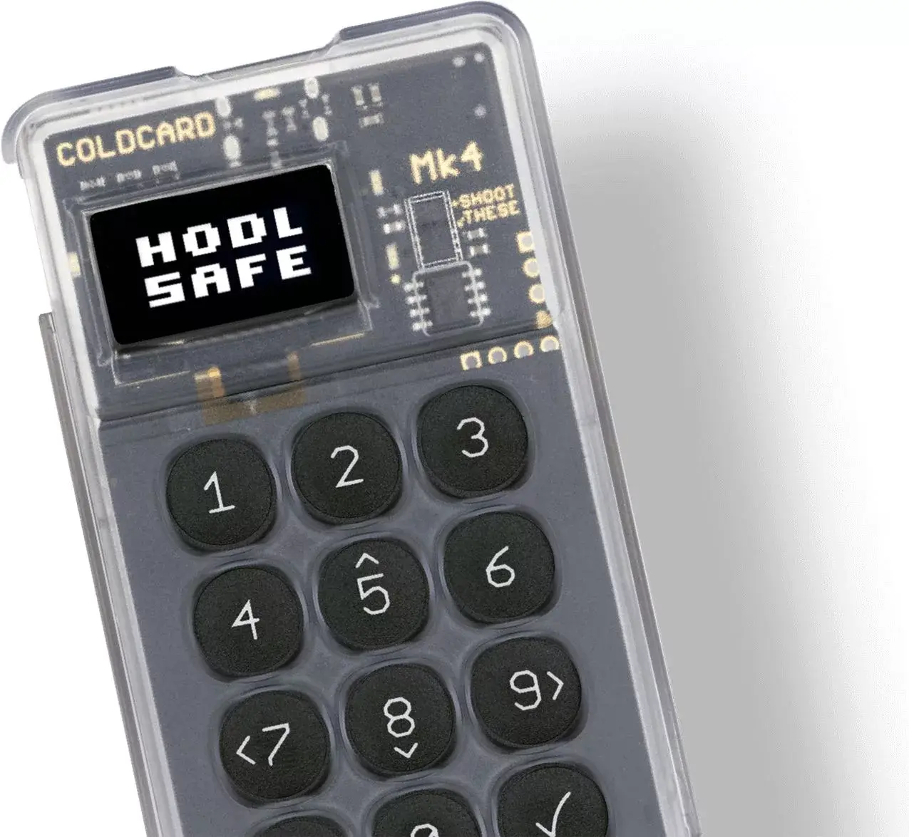 Close-up of a Coldcard Mk4 hardware wallet with a screen displaying 'HODL SAFE'