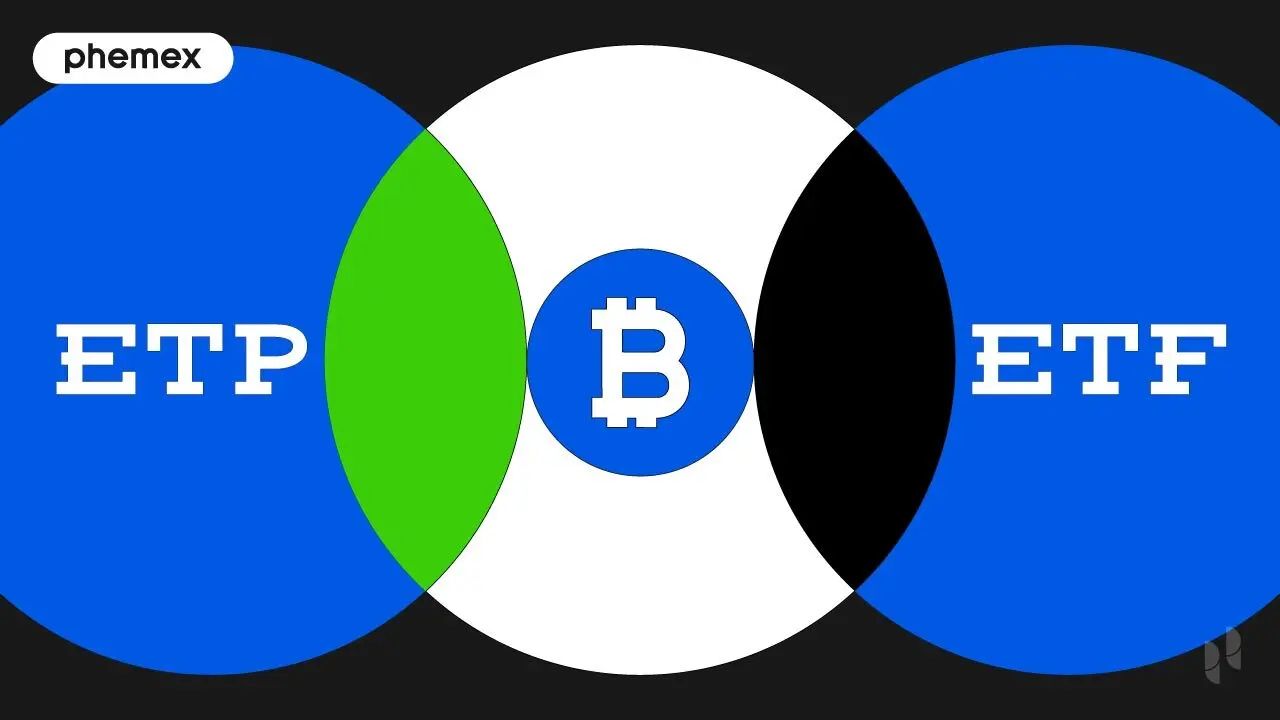 Venn diagram showing the overlap between ETP and ETF with a Bitcoin logo in the center