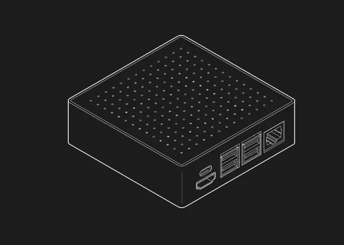 Isometric white line drawing of a mini server chassis with ventilation holes and rear ports on a black background