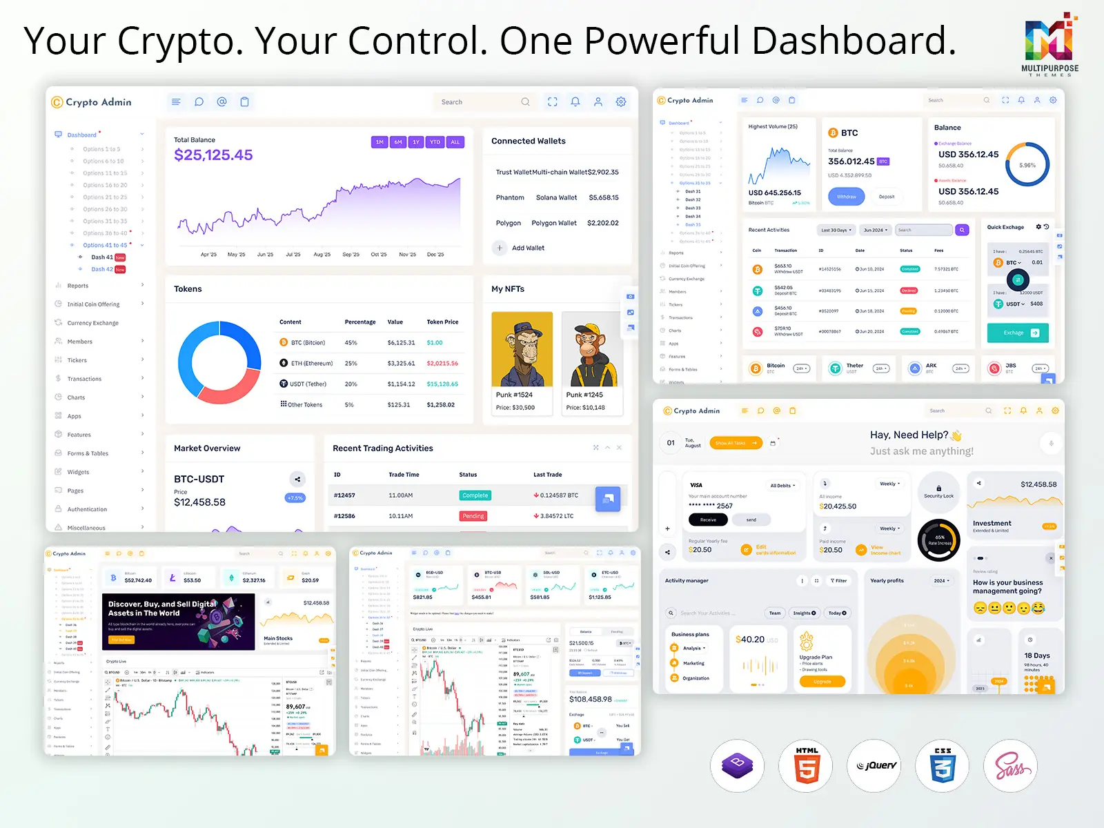 A comprehensive cryptocurrency trading dashboard UI kit featuring portfolio tracking, charts, and NFT gallery.