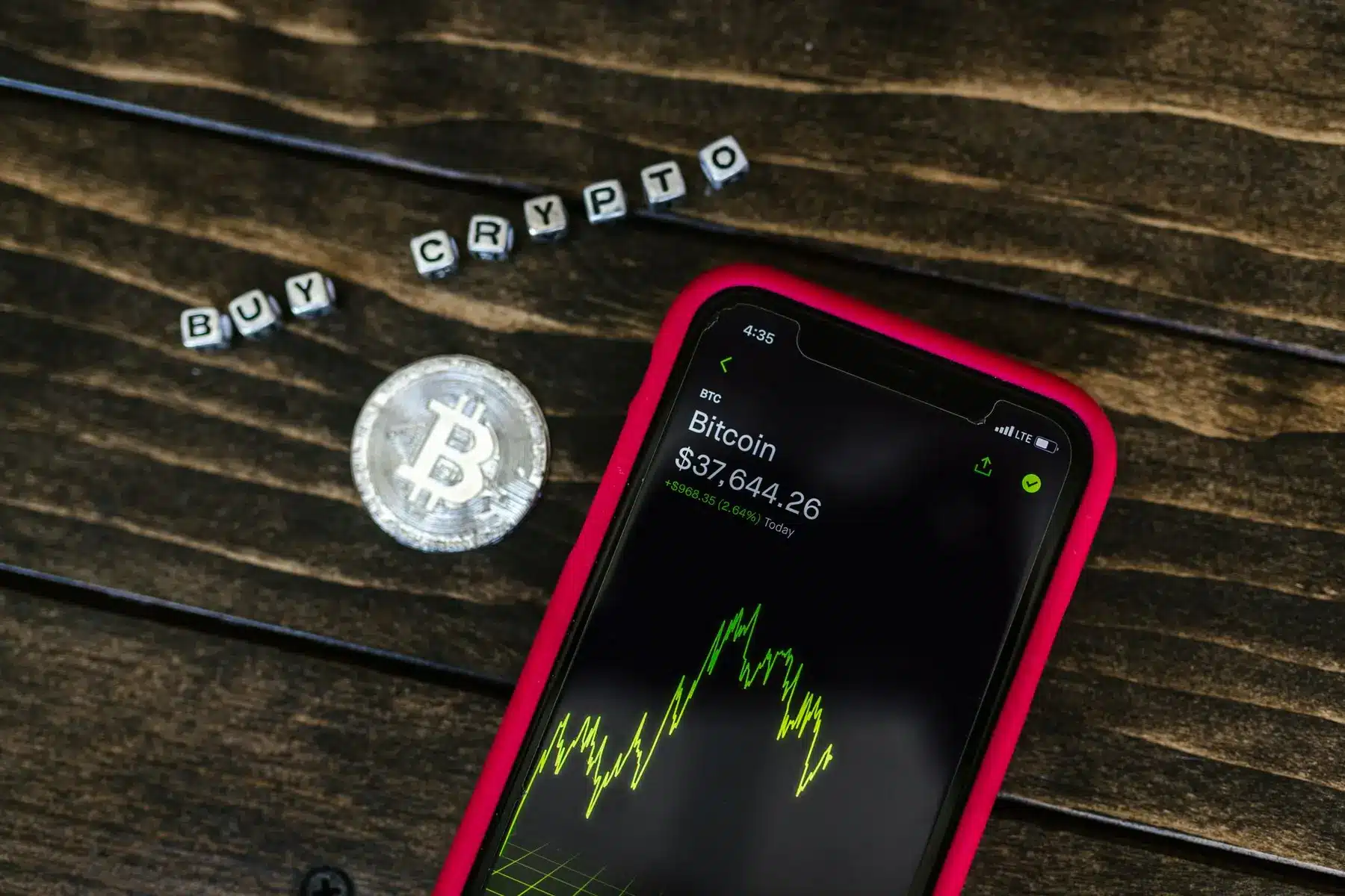 Smartphone in a red case displaying a Bitcoin trading app next to a physical Bitcoin coin and 'BUY CRYPTO' letter tiles