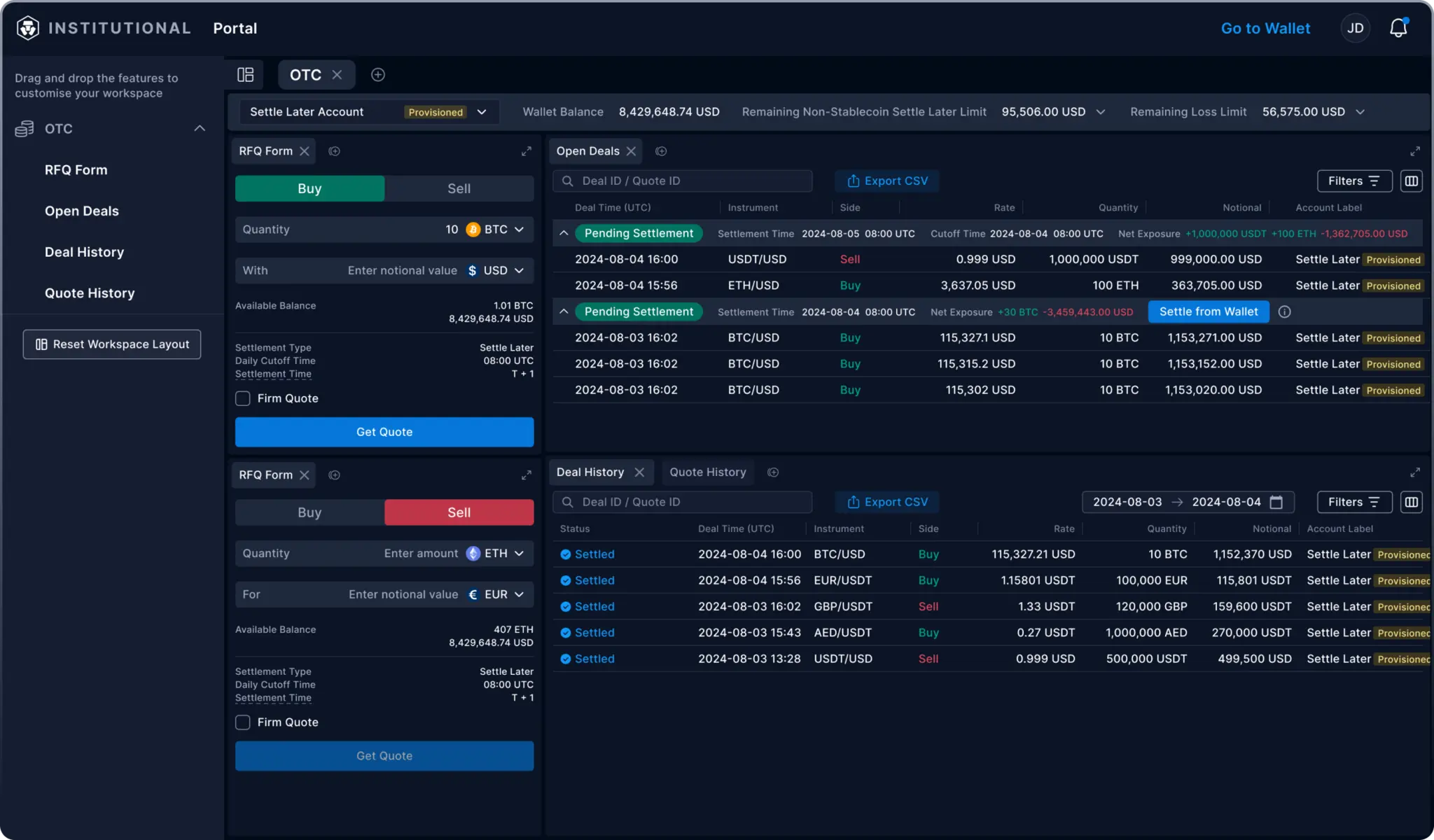Institutional cryptocurrency trading portal showing order books, trade history, and quote forms