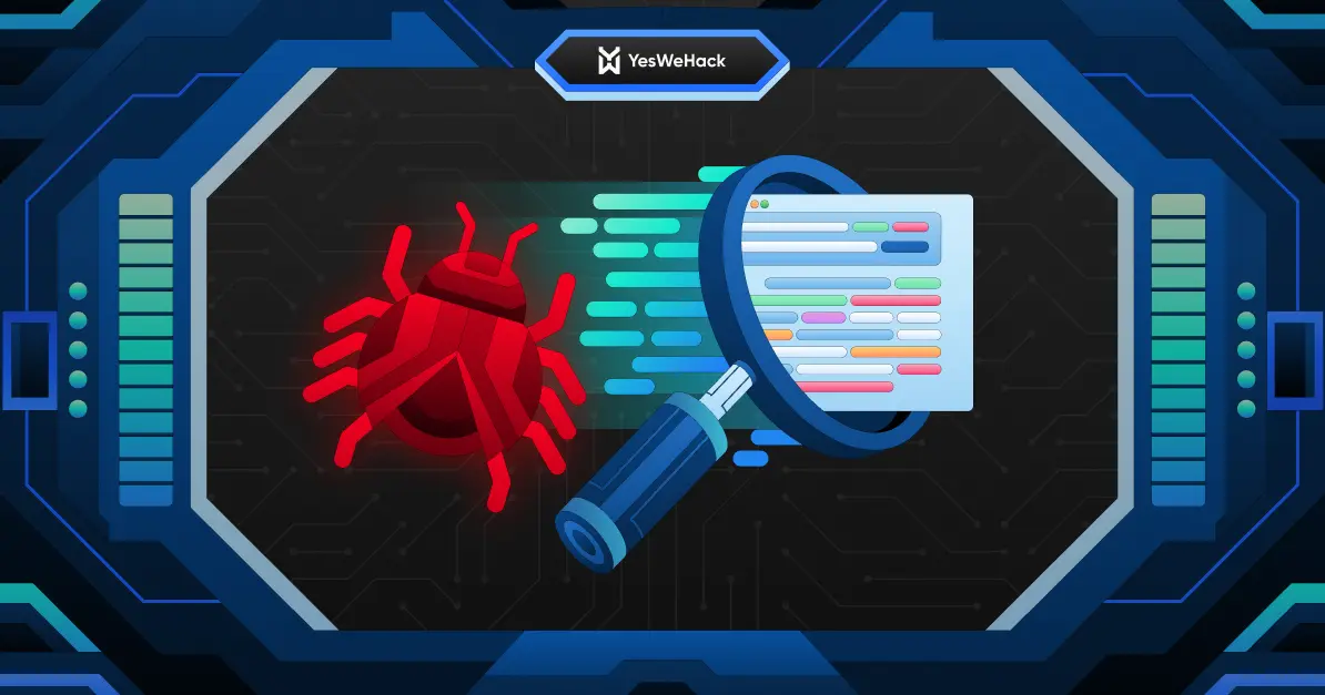 Digital illustration of a magnifying glass analyzing code with a red bug icon, branded by YesWeHack
