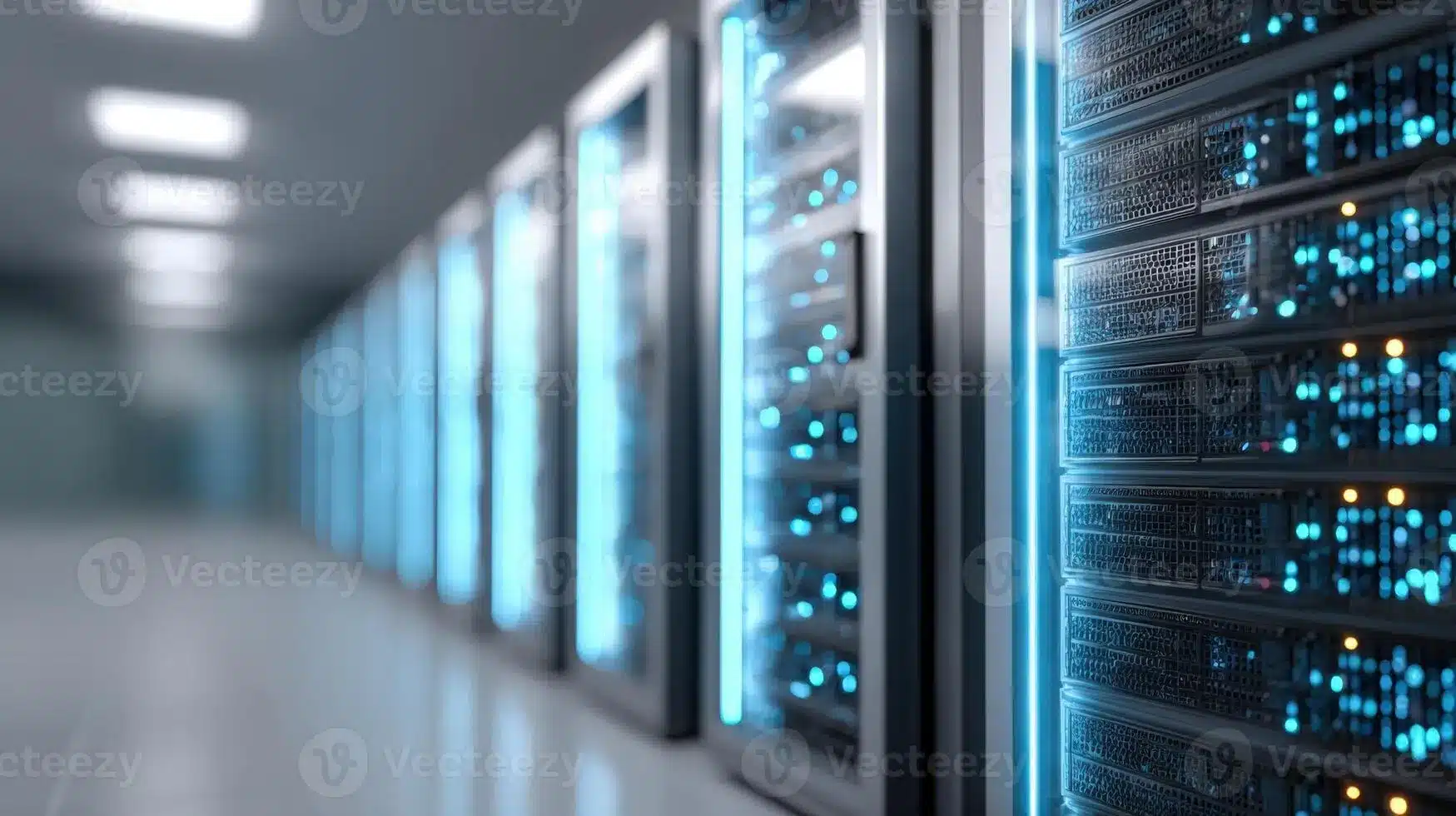 Rows of datacenter server racks with glowing blue and orange network status lights