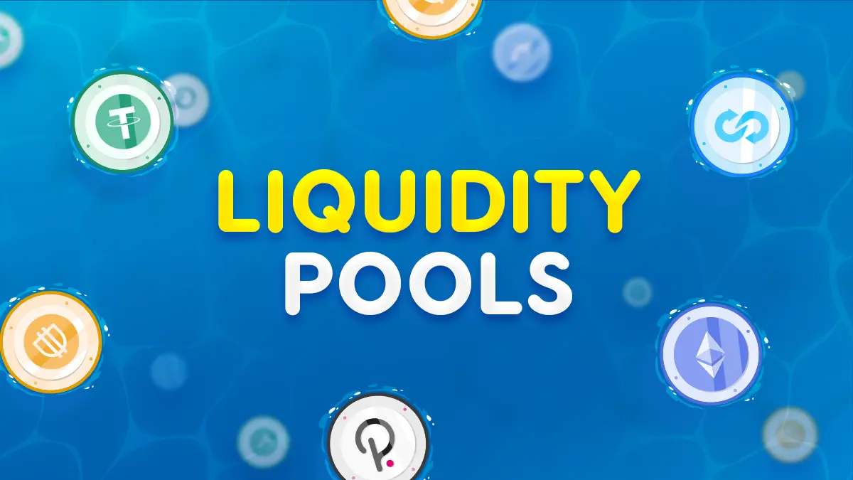 Graphic with text 'LIQUIDITY POOLS' surrounded by floating 3D cryptocurrency icons on a blue background.