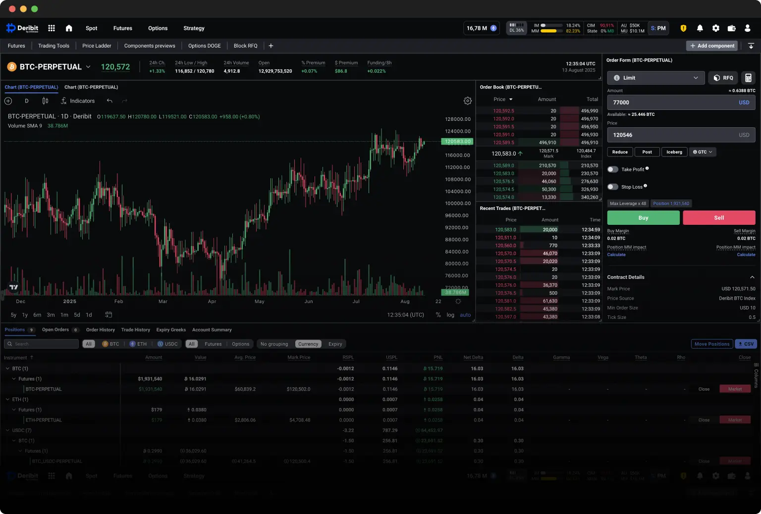 Screenshot of the Deribit cryptocurrency trading terminal showing BTC-PERPETUAL charts and order books.