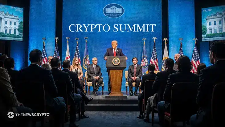 Donald Trump speaking at a podium in front of a blue backdrop that reads 'CRYPTO SUMMIT' with White House imagery.