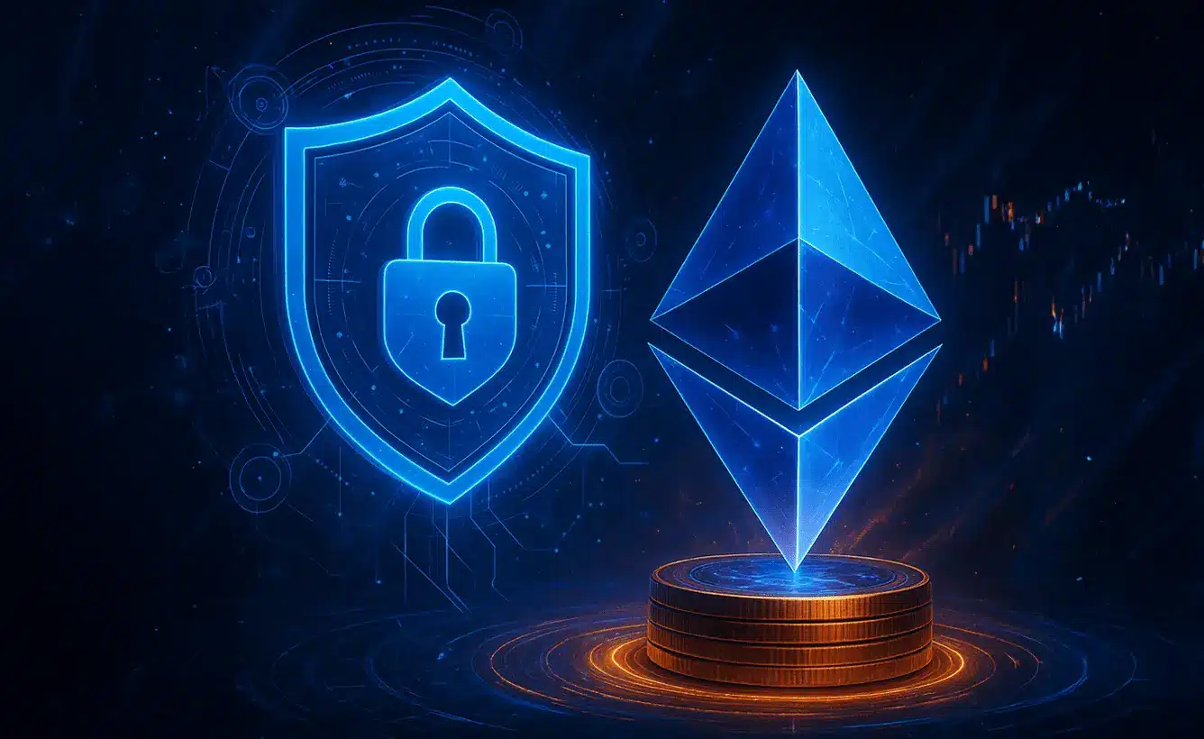 3D Ethereum logo crystal next to a glowing blue shield with a padlock icon on a digital dark background