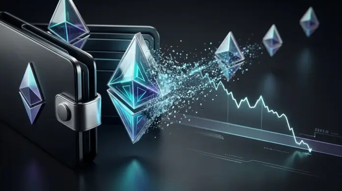 ethereum-whales-erhoehen-verkaufsdruck-2300-dollar-im-fokus Ethereum token transfer visualized against market support, illustrating whale selling pressure and downside risk.