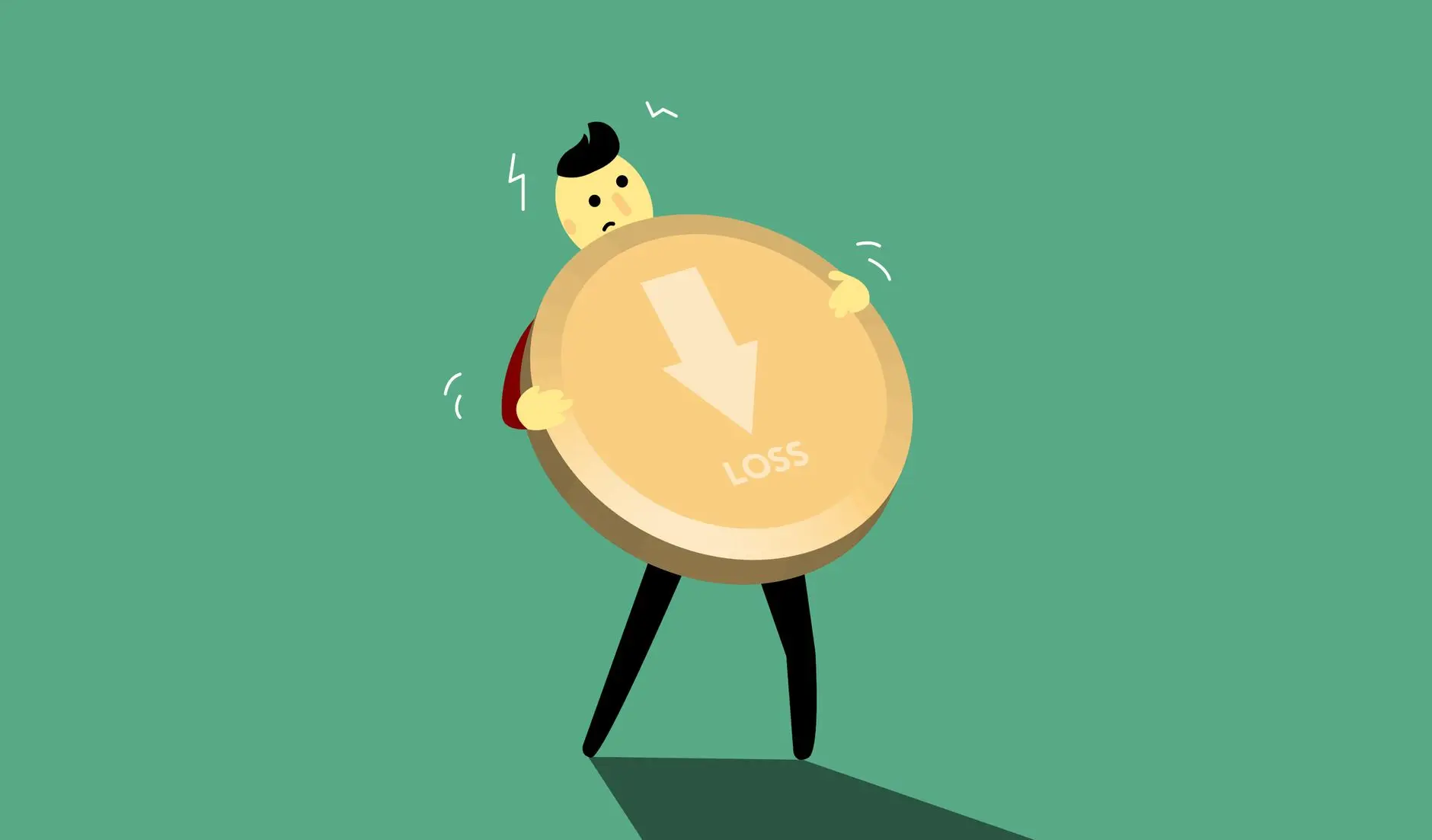 Illustration of a worried man holding a large gold coin with a downward arrow and the word LOSS