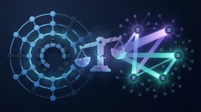 geringe-beteiligung-cardano-solana-unter-druck Abstract visualization of low participation challenging Cardano and Solana blockchain governance