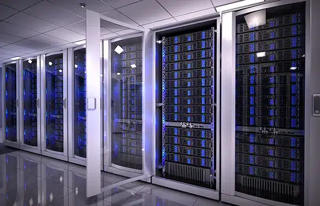 Rows of high-density server racks with blue LED lighting in a modern data center
