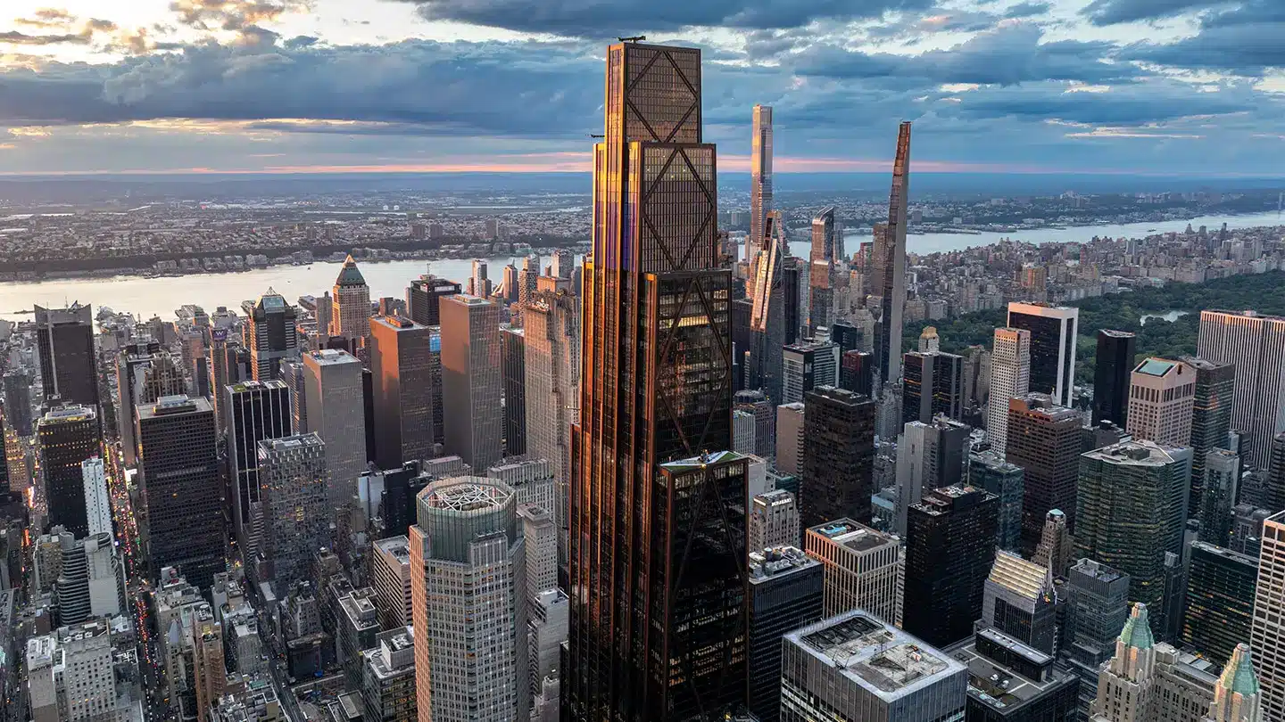 Aerial view of the JPMorgan Chase headquarters skyscraper in New York City at sunset