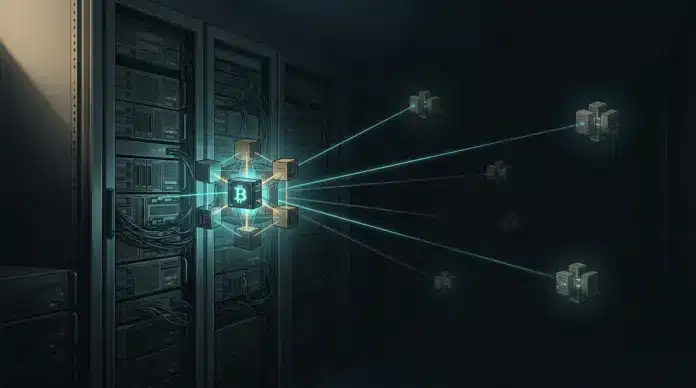 kleine-peer-zahl-setzt-cjdns-unter-druck Sparse encrypted peer network surrounding a Bitcoin node, illustrating CJDNS connectivity and eclipse risk.