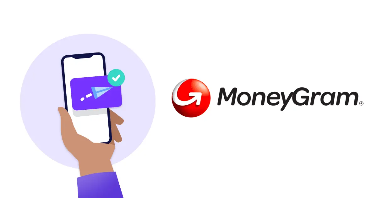MoneyGram logo next to an illustration of a hand holding a smartphone with a digital transfer icon