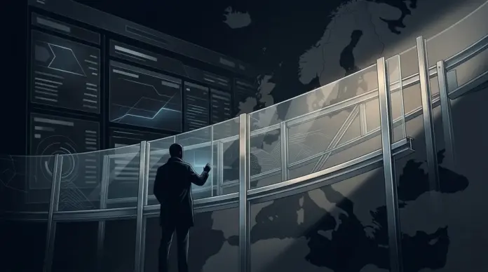 neue-eu-konten-binance-mica-lizenz Abstract illustration of EU crypto account access facing a regulatory compliance barrier