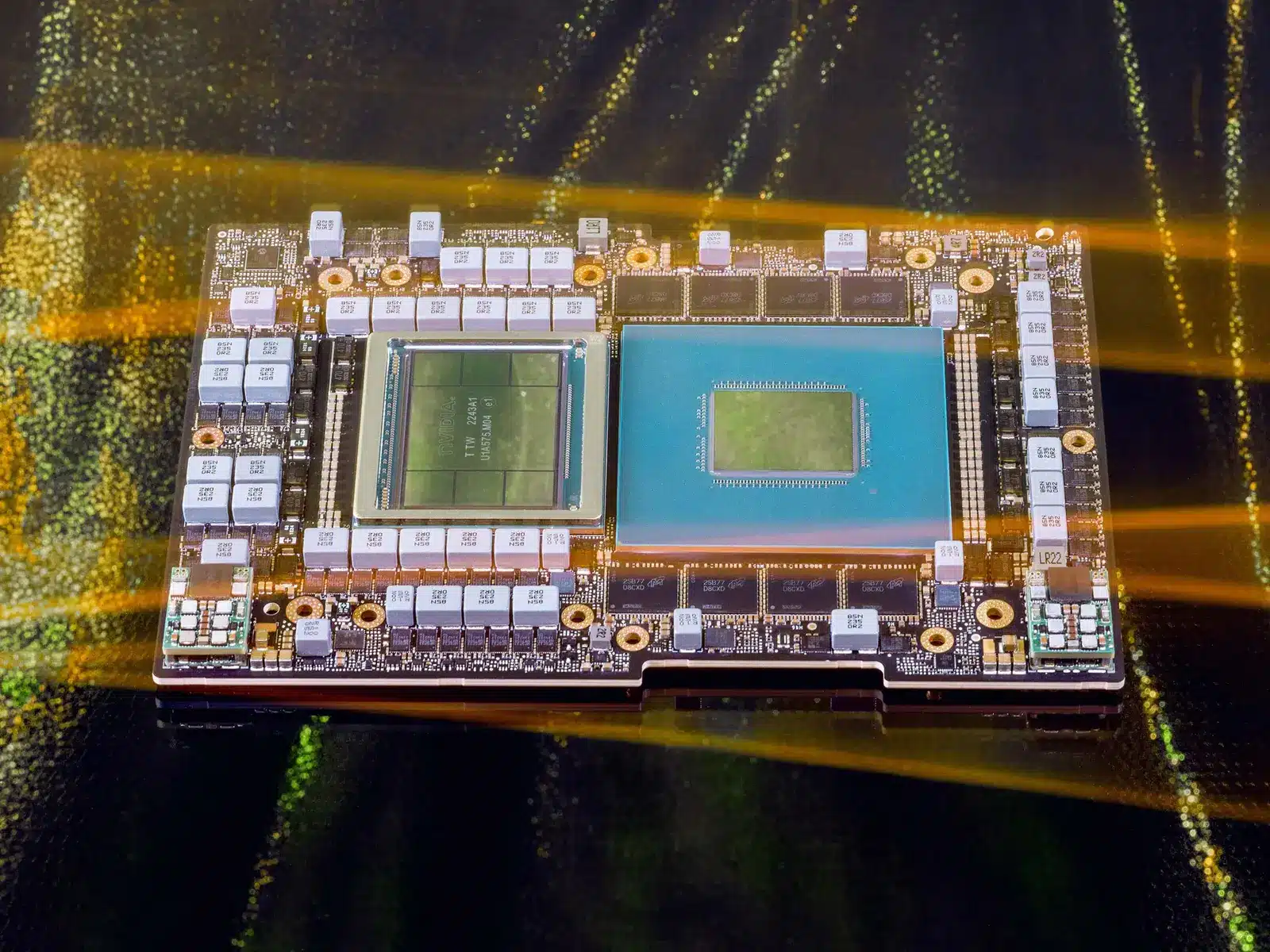 Top-down view of an Nvidia AI semiconductor chip and HBM memory modules on a circuit board