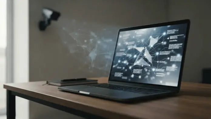 oeffentliche-bitcoin-explorer-finanzielle-privatsphaere Laptop showing an abstract Bitcoin transaction network beside a surveillance camera, illustrating blockchain privacy risks