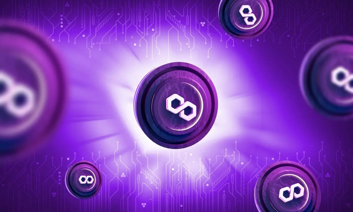 3D digital illustration of purple Polygon MATIC cryptocurrency coins over a glowing circuit board background