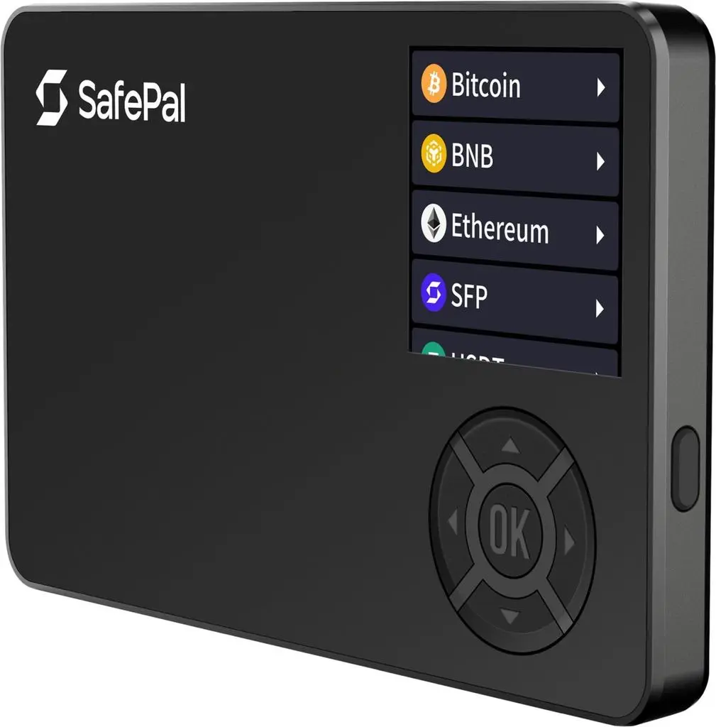A black SafePal S1 hardware wallet showing Bitcoin, BNB, Ethereum, and SFP on its digital display.
