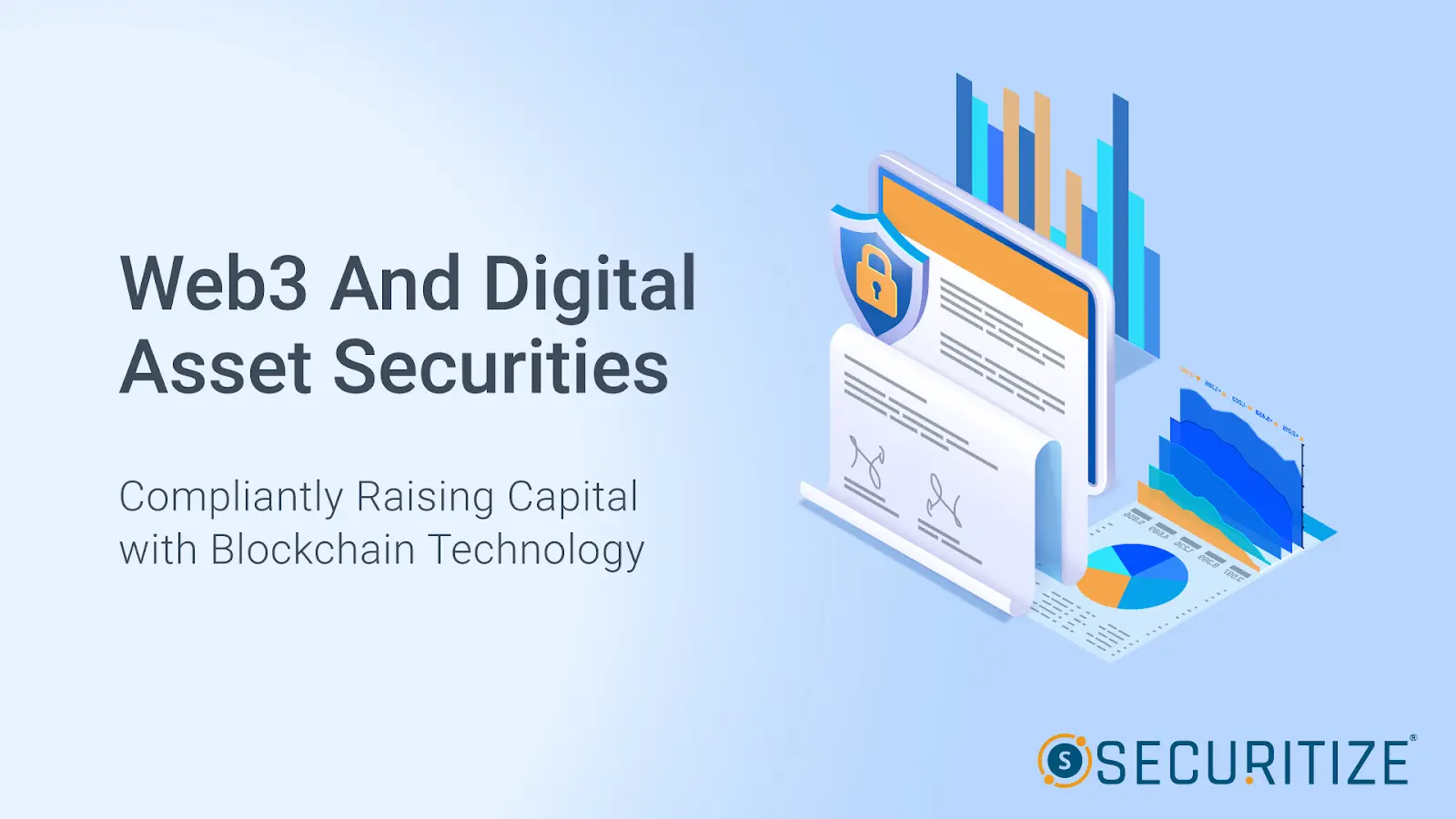 Isometric illustration of digital securities documents and financial charts with Securitize branding